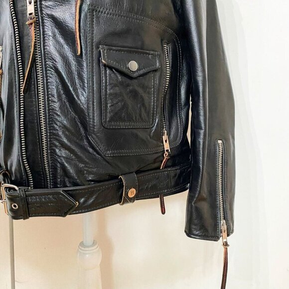 MASTER SUPPLY MEN'S BLACK HANDMADE LEATHER RED STITCHING ZIP UP MOTO JACKET - M - Picture 7 of 13